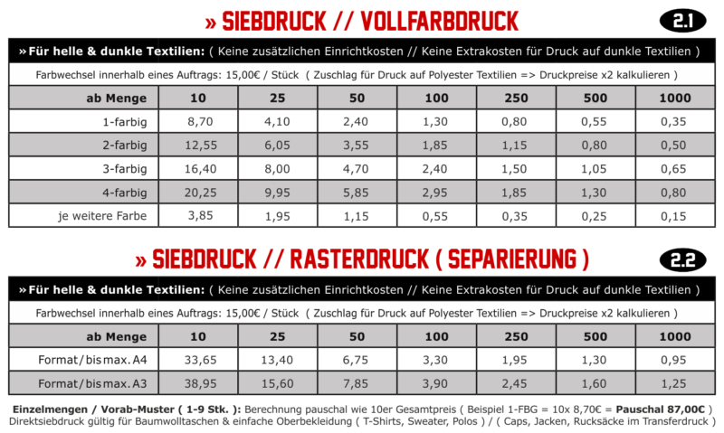 Preisliste Siebdruck Farbdruck Schablonendruck Sieb Druck